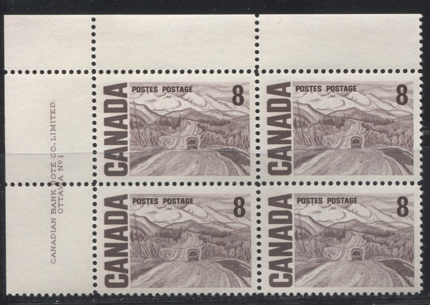 Lot 19 Canada #461i 8c Violet Brown Alaska Highway, 1967-1973 Centennial Definitive Issue, A VFNH UL Plate 1 Block Of 4 On DF-fl Light Violet Horizontal Wove, Vertical Ribbed Paper With Very Few MF Fibers, With Smooth Dex Gum