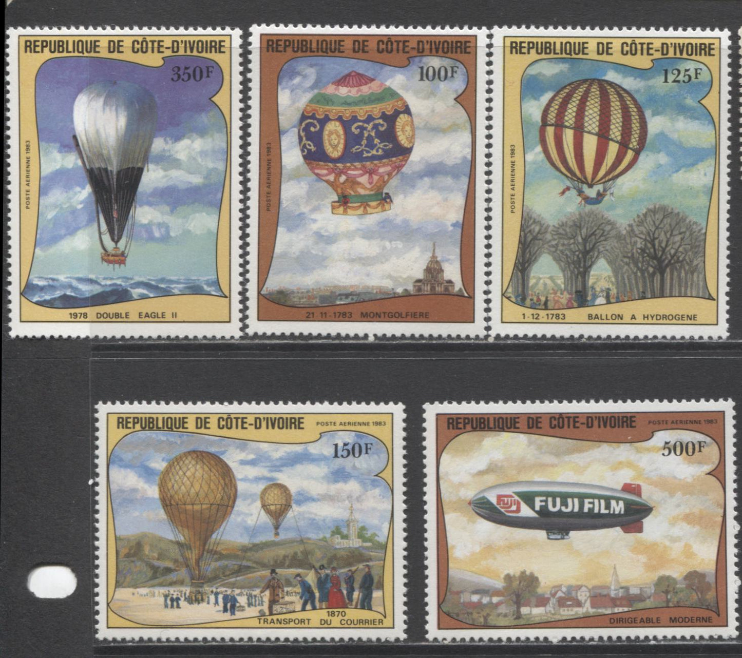 Lot 191 Ivory Coast SC#C71-C75 1983 Bicentennial of Manned Flight, A VFNH Range Of Singles, 2017 Scott Cat. $15.25 USD, Click on Listing to See ALL Pictures