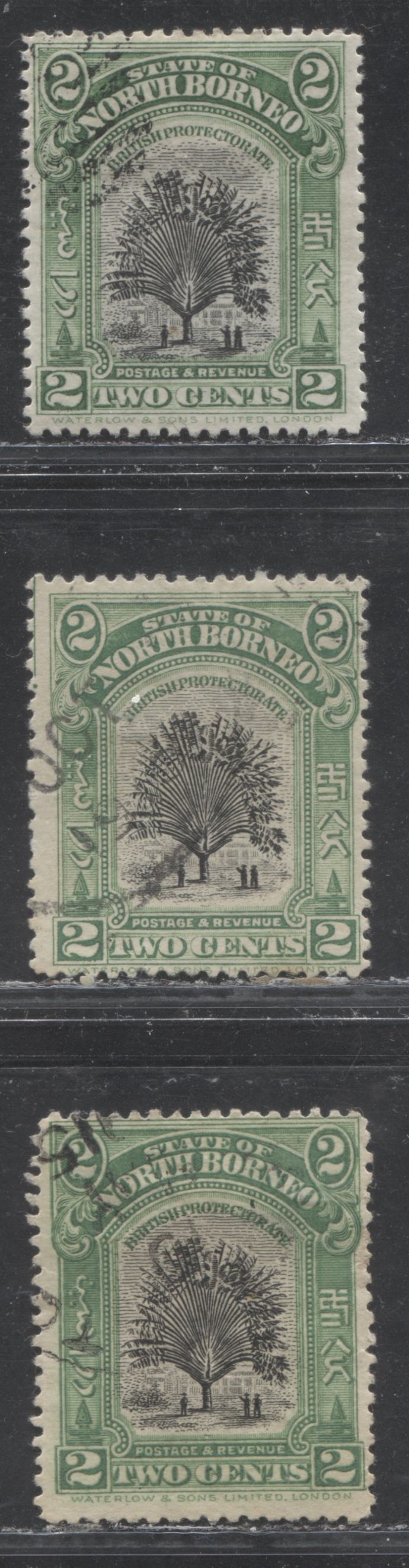 Lot 191 North Borneo SG#160 2c Black and Green Travellers' Tree, 1909-1923 Pictorial Definitive Issue, 3 Fine Used Singles, All With Visible Re-Entries