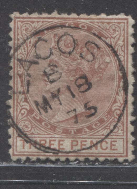 Lot 193 Lagos SG#3 (SC#3) 3d Chestnut & Orange Brown, Queen Victoria, 1874-1876 Perf. 12.5 Watermarked Crown CC Issue, 4th Printing, A Very Fine Used, May 18, 1875 Lagos CDS, 2022 Scott Classic Cat. $45 USD,  Click on Listing to See ALL Pictures