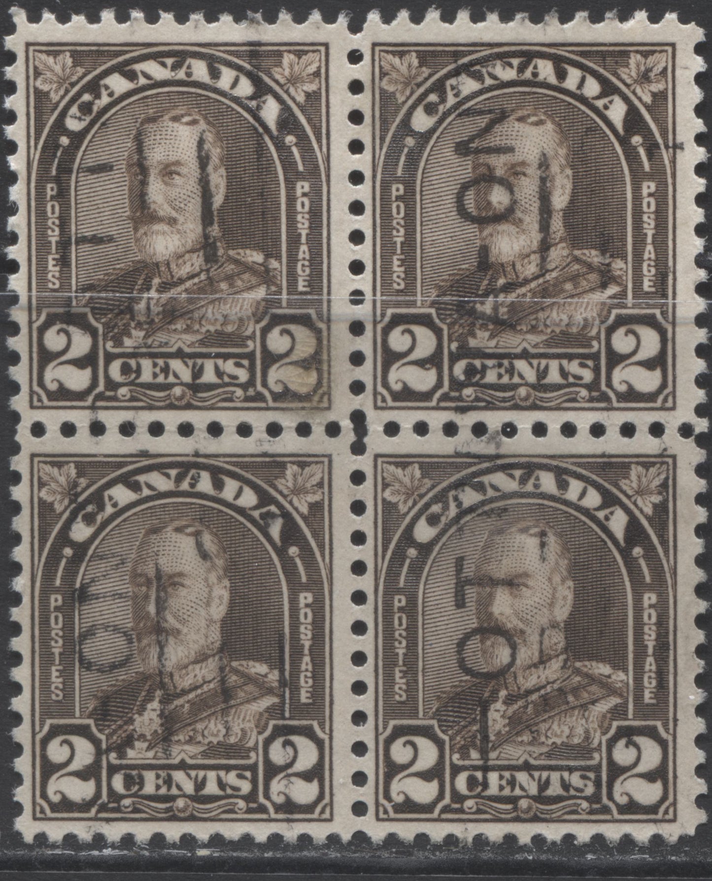 Lot 193C Canada #166bvar 2c Dark Brown King George V, 1930-1931 Arch/Leaf Issue, A Fine Used Block Of 4 With Die Flaws In Left 2 & Hairline In Right 2, Pos 27-28