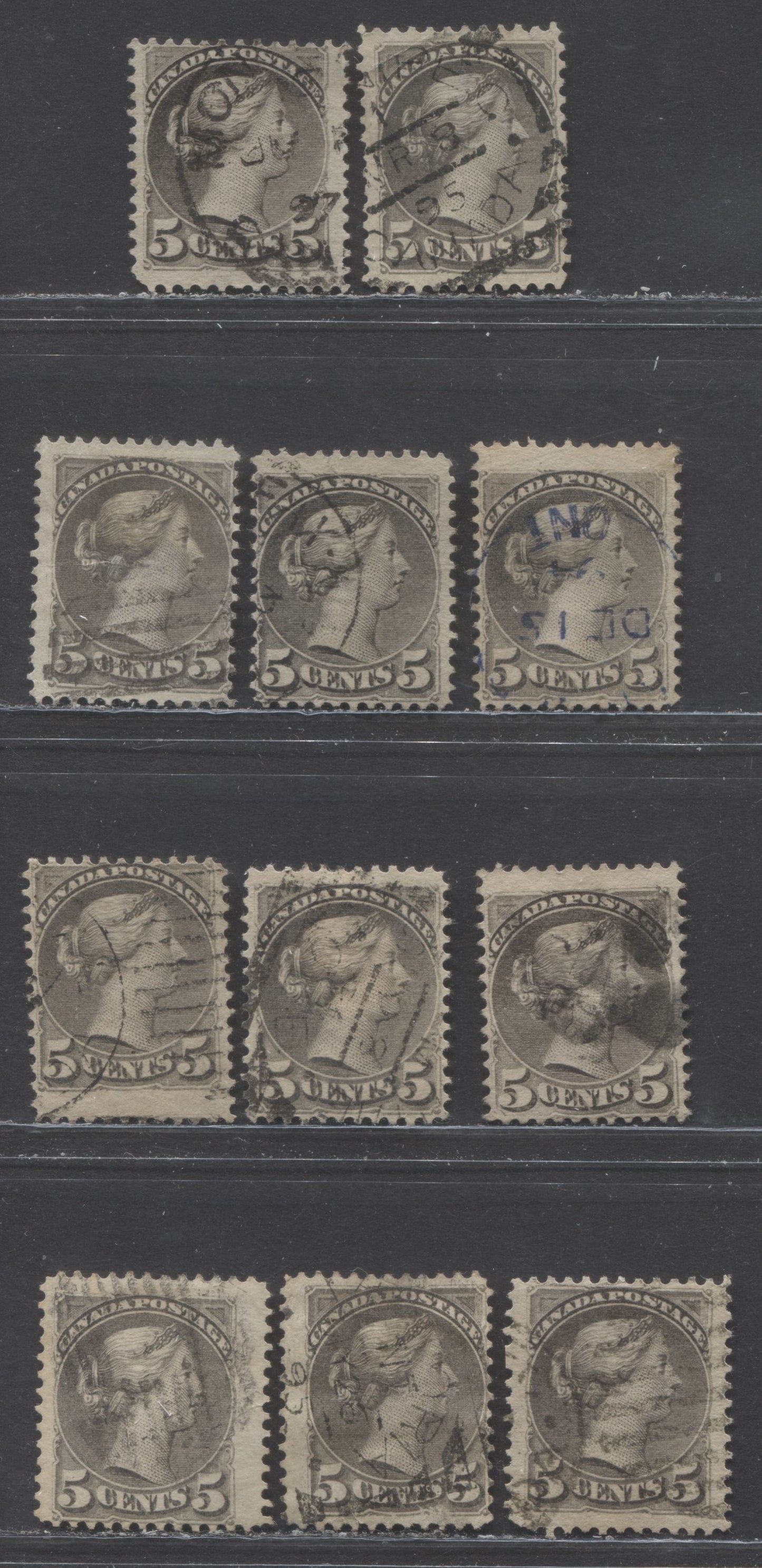 Lot 194 Canada #42 5c Gray Queen Victoria, 1870-1897 Small Queen Issue, 11 Fine Used Examples Of The 2nd Ottawa Printings On Various Papers, Perfs & Cancels