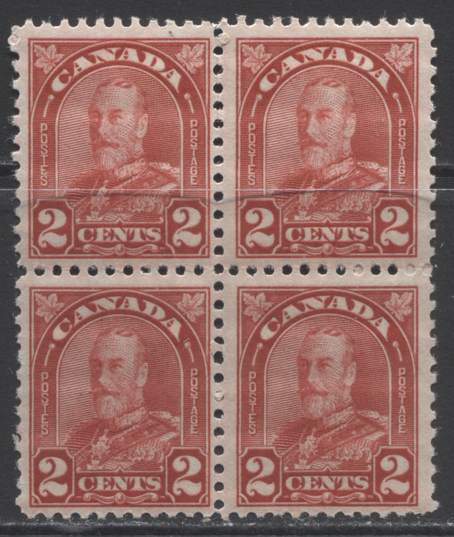 Lot 194 Canada #165var 2c Deep Red King George V, 1930-1931 Arch/Leaf Issue, A FNH Block Of 4 With A Flaw In The Right 2 on UL Stamp