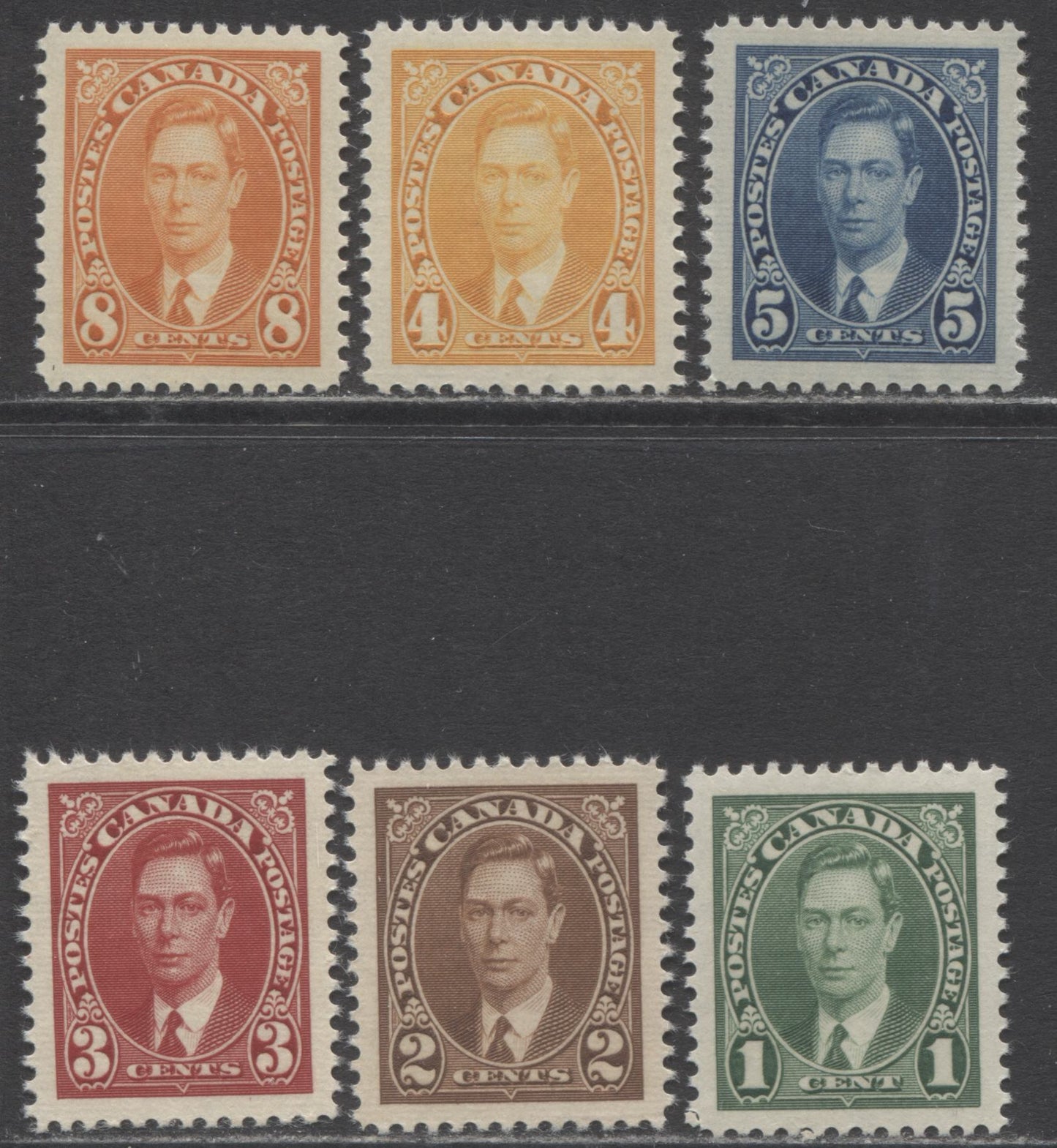 Lot 194 Canada #231-236 1c - 8c Green - Orange King George VI, 1937 Mufti Issue, 6 VFNH Singles On Horizontal Ribbed & Vertical Wove Papers With Cream Gum