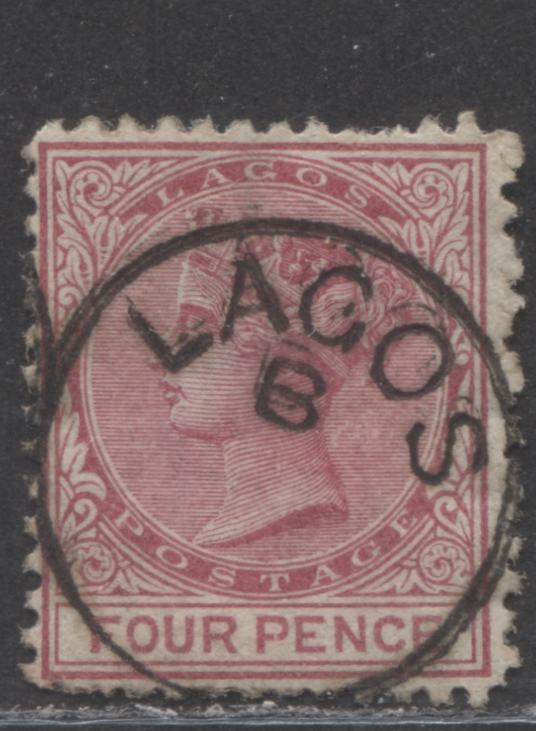 Lot 194 Lagos SG#5 (SC#4) 4d Bright Carmine & Deep Brownish Carmine, Queen Victoria, 1874-1876 Perf. 12.5 Crown CC Issue, 1st Printing, a Fine CDS Used, Undated Lagos CDS, 2022 Scott Classic Cat. $50 USD,  Click on Listing to See ALL Pictures