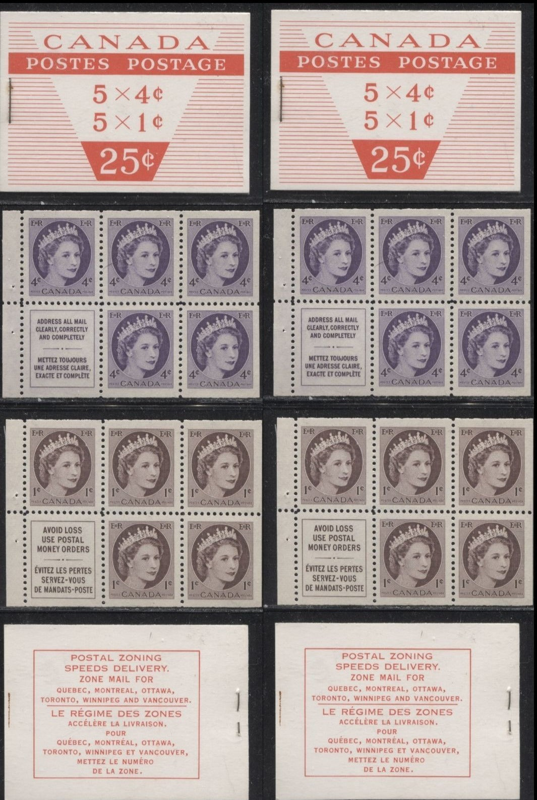 Lot 194 Canada McCann #BK51i 1954-1962 Wilding Issue, Complete 25c Booklet Containing 1 Pane of 5 + Label of Each of the 1c & 4c Queen Elizabeth II, DF Smooth Paper, 12 mm Staple, Two Different Cover Fluorescences