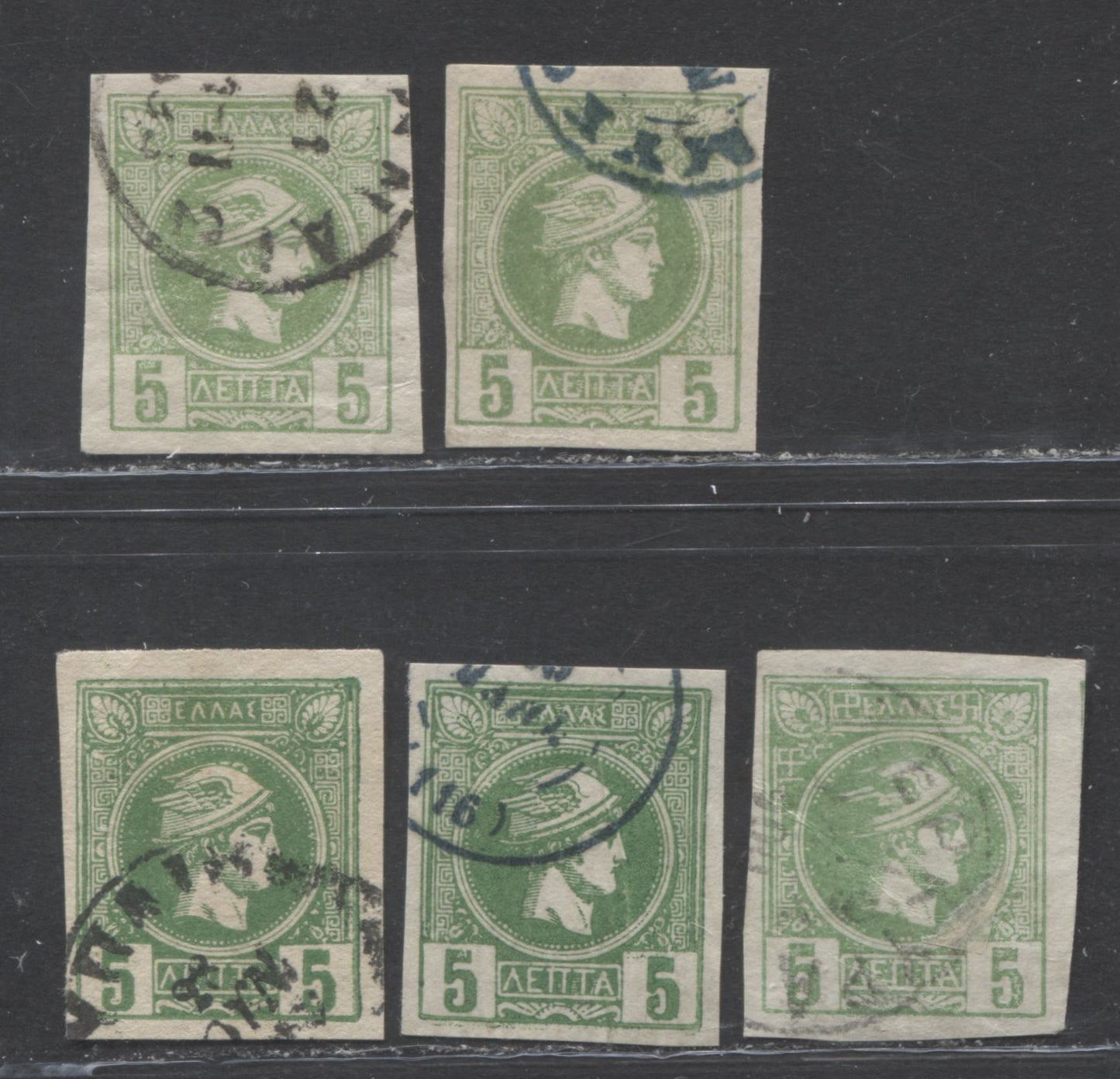 Lot 195 Greece SC#92-92b 5l Green 1889-6-1895 Small Hermes Head Issue Printed in Athens, A VF Used Range Of Singles, Different Papers and Shades, 2022 Scott Classic Cat.$23.8 USD, Click on Listing to See ALL Pictures