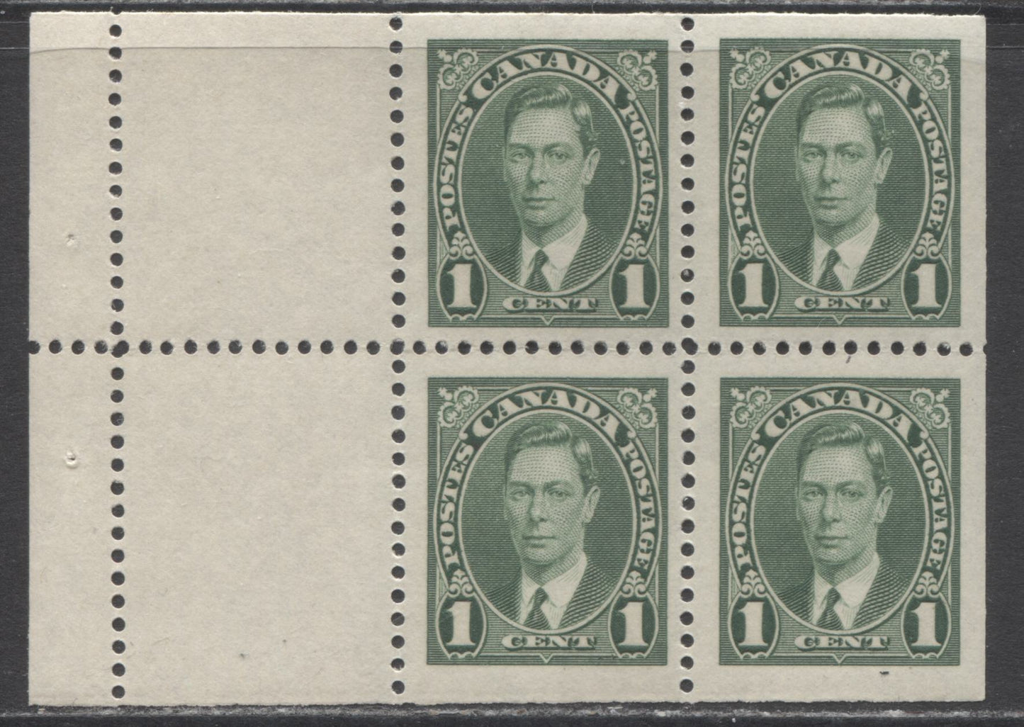 Lot 195 Canada #231a 1c Green King George VI, 1937 Mufti Issue, A VFNH Booklet Pane Of 4 With Streaky Brownish Cream Gum