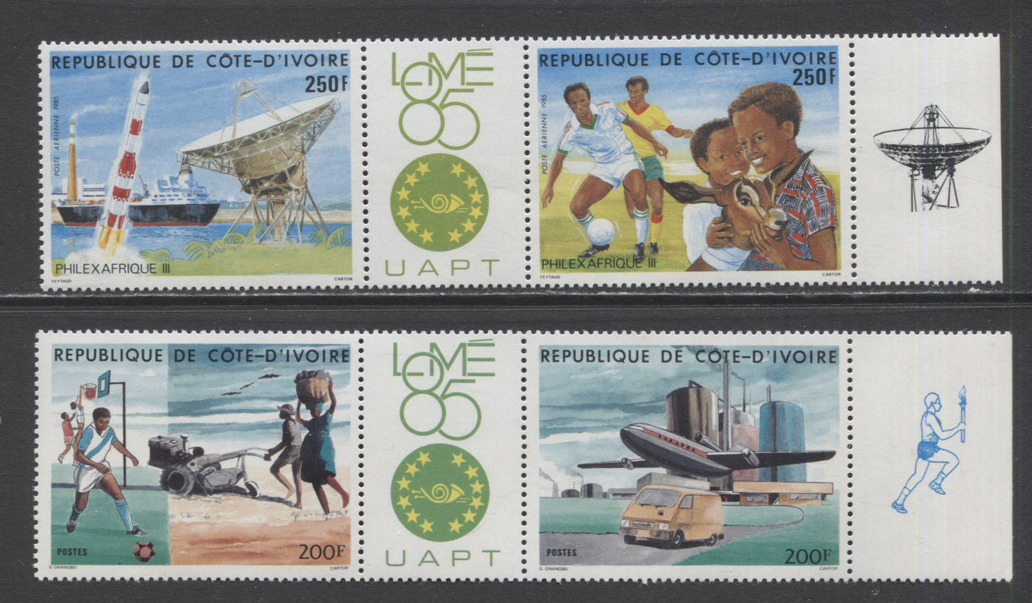 Lot 195 Ivory Coast SC#741a-C98a 1985 Lome 85 Issue, A VFNH Range Of Gutter Pairs, 2017 Scott Cat. $15 USD, Click on Listing to See ALL Pictures