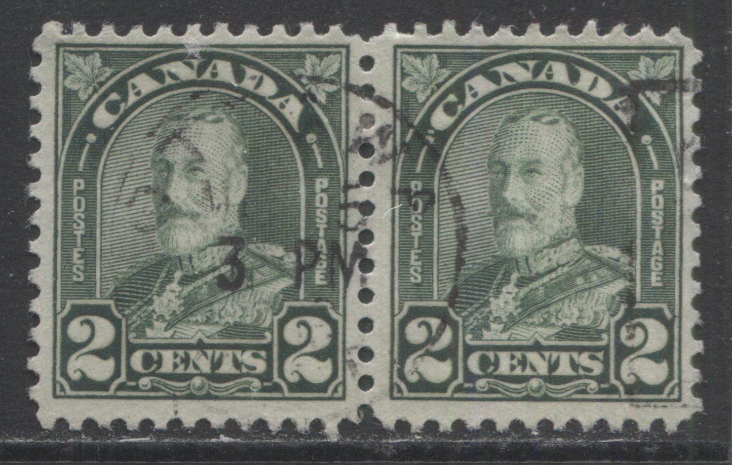 Lot 195 Canada #164var 2c Dull Green King George V, 1930-1931 Arch/Leaf Issue, A Very Fine Used Pair With A Dot In Right 2, Plate 6 LR Pos 13