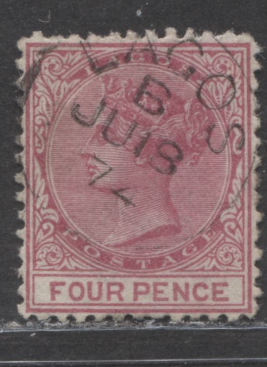 Lot 195 Lagos SG#5 (SC#4) 4d Bright Carmine & Deep Brownish Carmine, Queen Victoria, 1874-1876 Perf. 12.5 Crown CC Issue, 1st Printing, a VF Fine CDS Used, June 18, 1874 Lagos CDS, 2022 Scott Classic Cat. $50 USD,  Click on Listing to See ALL Pictures