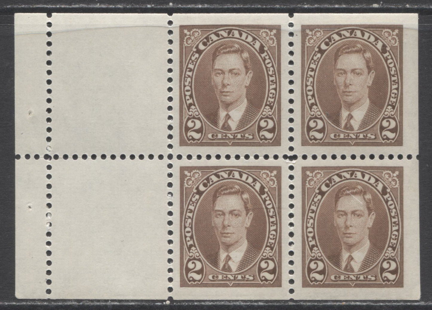 Lot 196 Canada #232a 2c Brown King George VI, 1937 Mufti Issue, A VFNH Booklet Pane Of 4 On Horizontal Ribbed Paper With Deep Cream Gum