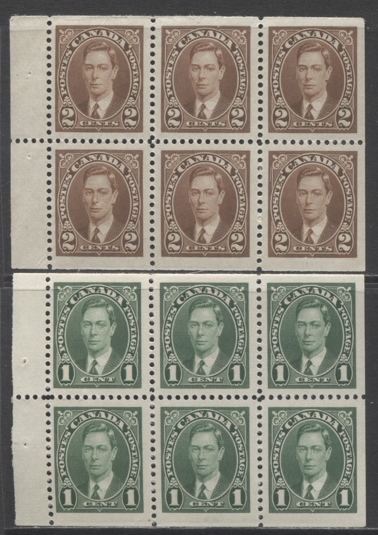 Lot 197 Canada #231b, 232b 1c & 2c Green & Brown King George VI, 1937 Mufti Issue, 2 Fine NH and VFNH Booklet Panes Of 6 On Vertical Wove Paper With White Gum