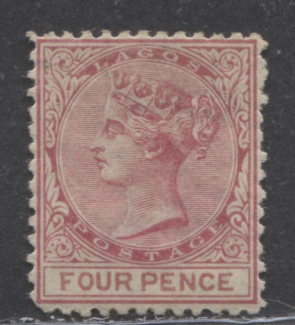 Lot 197 Lagos SG#5 (SC#4) 4d Carmine and Brownish Carmine, Queen Victoria, 1874-1876 Perf. 12.5 Crown CC Watermarked Issue, 2nd Printing, Very Fine Mint OG Example, 2022 Scott Classic Cat. $150 USD,  Click on Listing to See ALL Pictures