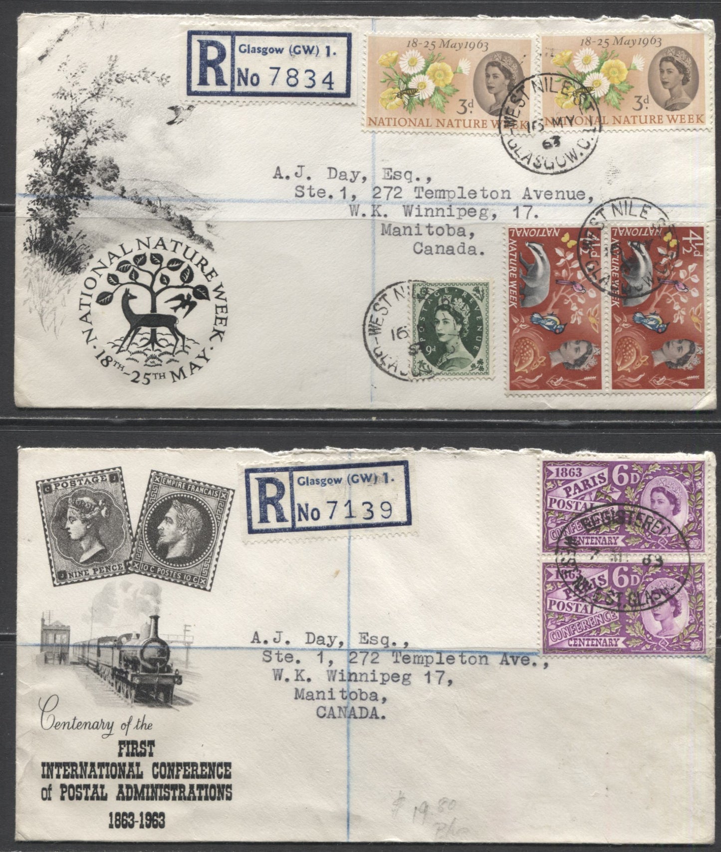 Lot 197  Great Britain SC#392p-394p, 365 1963 Paris Postal Conference & National Nature Week, Two First Day Covers With Phosphor Tagged Printings, 2018 Gibbons Concise 65 GBP, Click on Listing to See ALL Pictures