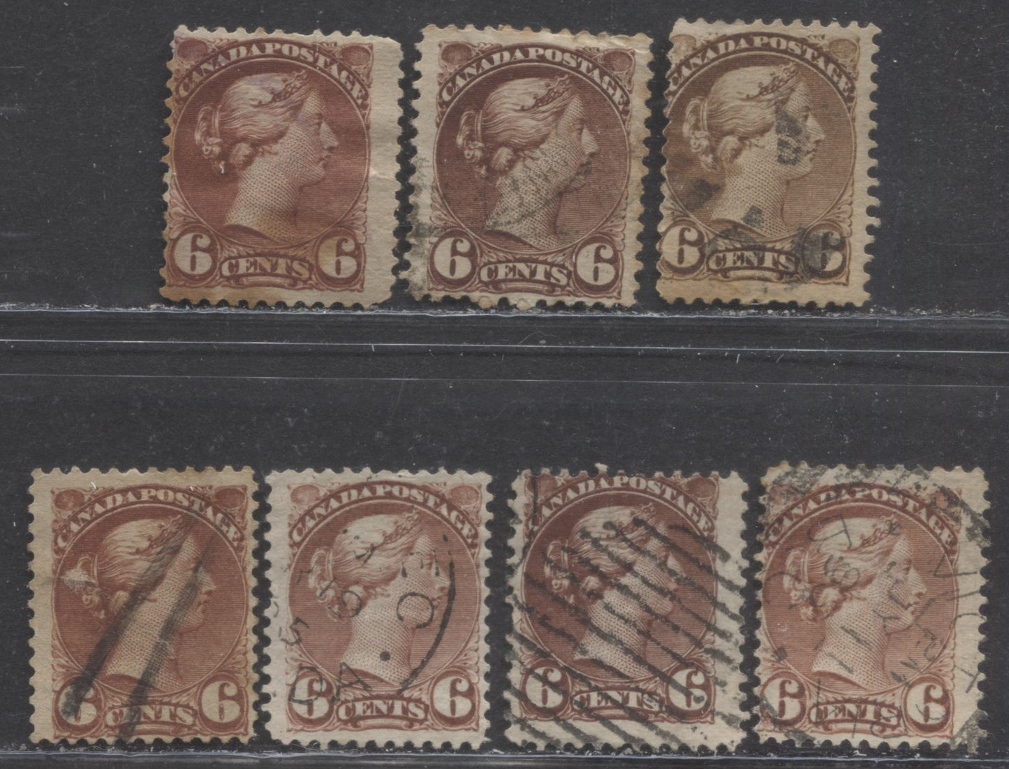 Lot 197 Canada #43, 43a, 43i 6c Red Brown, Chestnut & Chocolate Queen Victoria, 1870-1897 Small Queen Issue, 6 VG/Fine Used Example Of The 2nd Ottawa Printings On Different Papers & Perfs