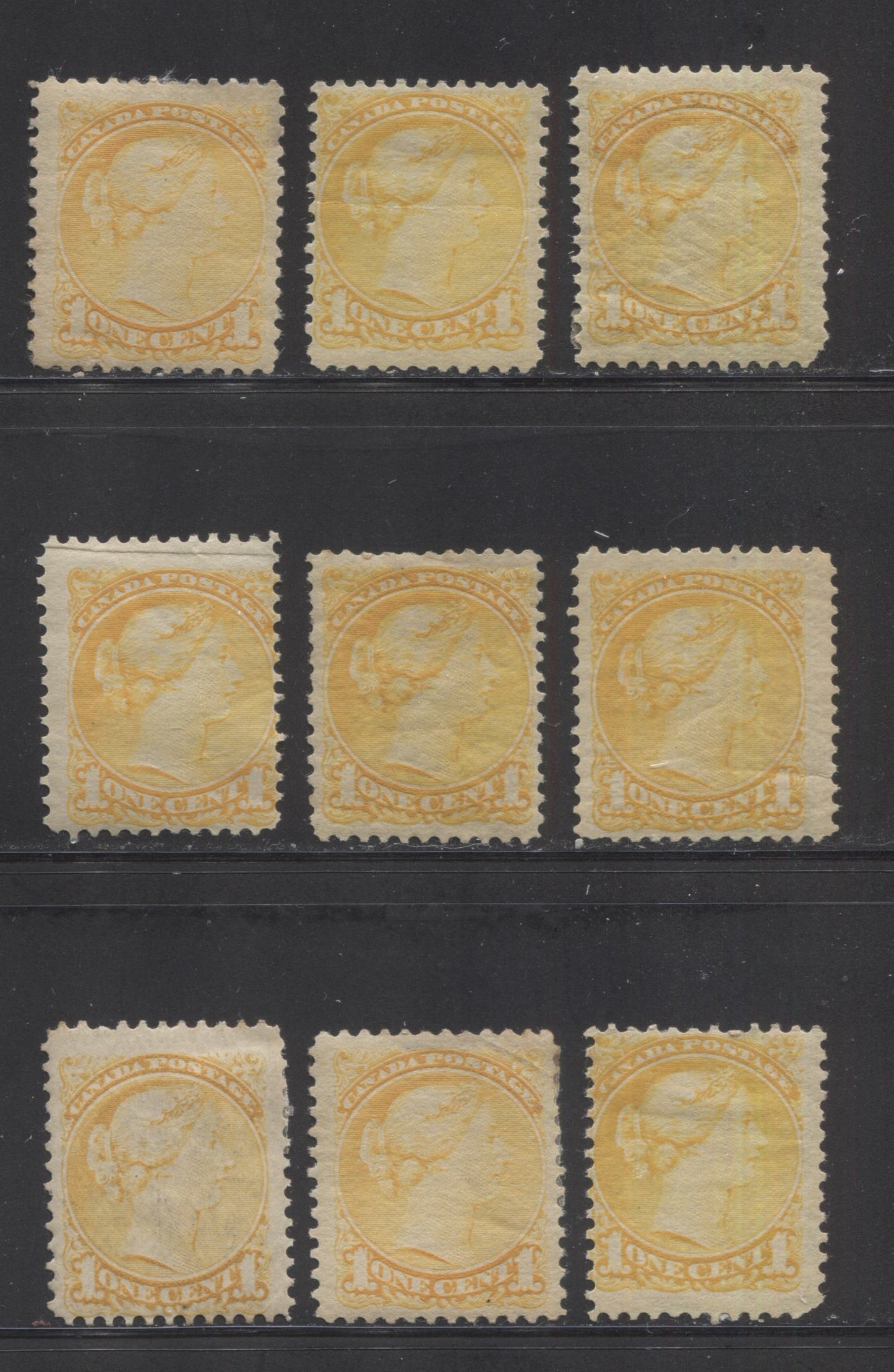 Lot 197 Canada #35-i 1c Yellow Queen Victoria, 1870-1893 Small Queen Issue, An Ungraded But Generally Good-Very Good Study Lot Of 9 OG Singles