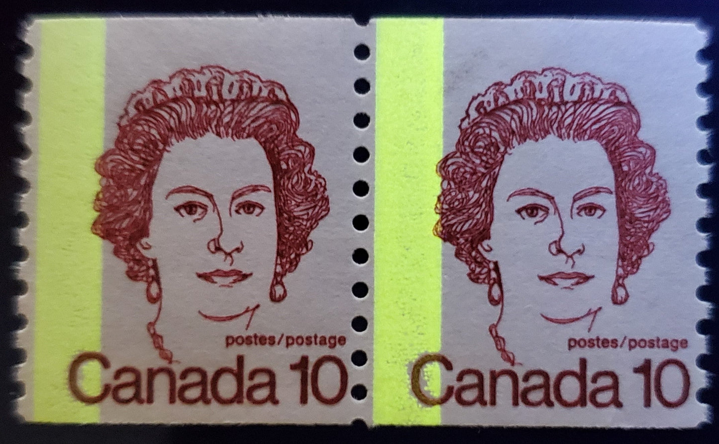 Lot 139 Canada #605iiiT4 10c Dark Carmine Queen Elizabeth II, 1974-1976 Caricature Coil Issue, A FNH Pair On NF/NF Paper With G2aC Tagging Error