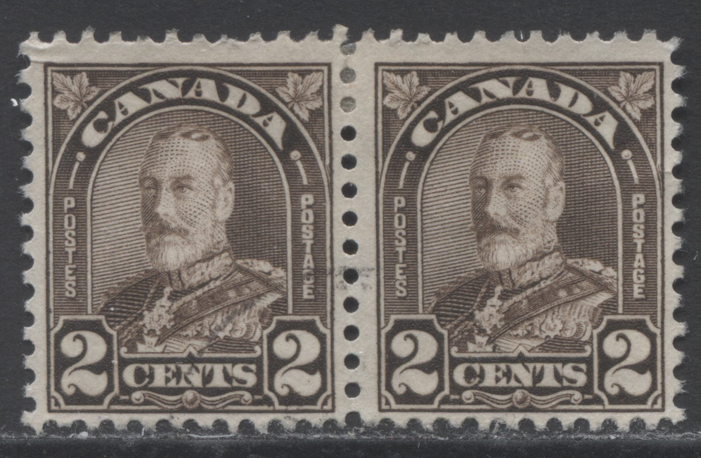 Lot 198 Canada #166bvar 2c Dark Brown King George V, 1930-1931 Arch/Leaf Issue, A Fine Used Pair With A Dot In Right 2, Plate 6 LR Pos 13