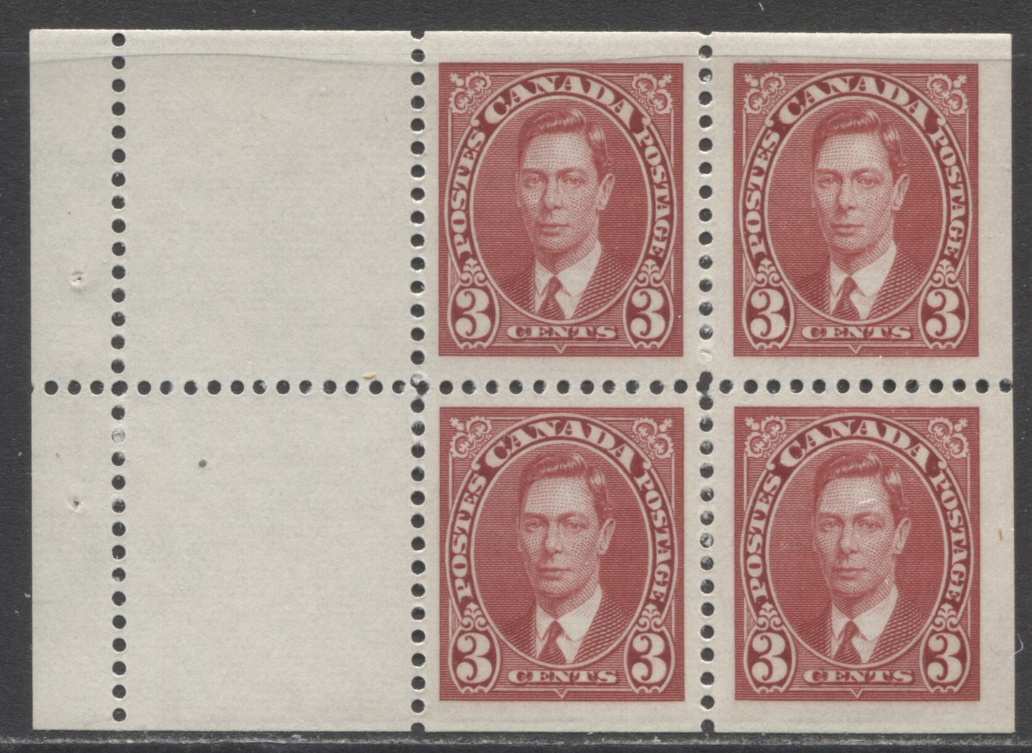 Lot 198 Canada #233a 3c Carmine King George VI, 1937 Mufti Issue, A VFNH Booklet Pane Of 4 On Horizontal Ribbed Paper With White Gum