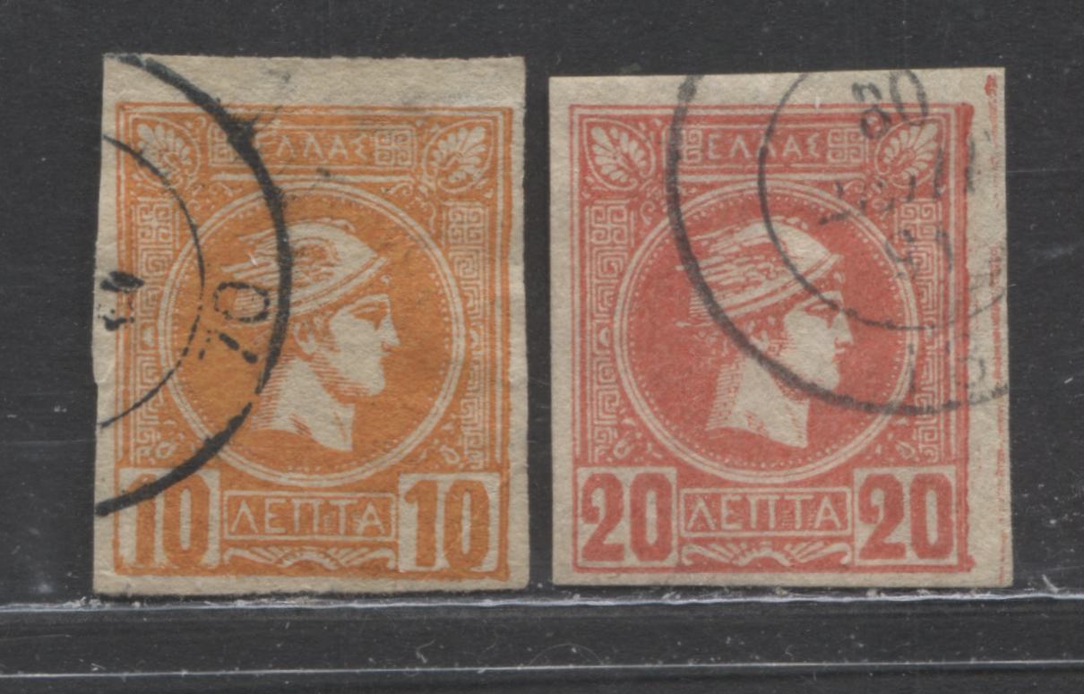 Lot 198 Greece SC#93a-94 10l Yellow and 201 Rose Carmine 1889-6-1895 Small Hermes Head Issue Printed in Athens, A F/VF Used Range Of Watermarked Singles, 2022 Scott Classic Cat.$12.25 USD, Click on Listing to See ALL Pictures