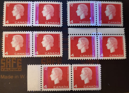 Lot 121 Canada #404v,vi,x 4c Carmine Electricity, 1962-1963 Cameo Issue, 5 VFNH Split Bar Pairs With Bright Bluish & Bluish Tagging, 5x9mm, 5x8mm & 6x8mm Bars/Pane