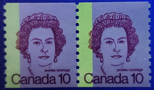 Canada #605iiiT2 10c Dark Carmine Queen Elizabeth II, 1974-1976 Caricature Coil Issue, A VFNH Coil Pair On NF/NF Paper, G2aL Tagging Error