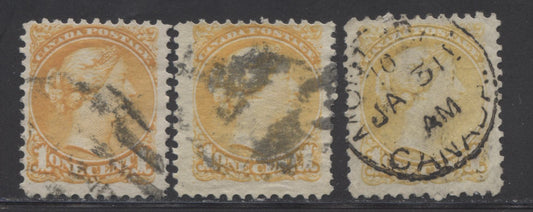 Lot 199 Canada #35,d,iii 1c Yellow, Orange & Lemon Yellow Queen Victoria, 1870-1893 Small Queen Issue, 3 Fine Used Singles, Perfs 11.5 x 12 & 11.75 x 12
