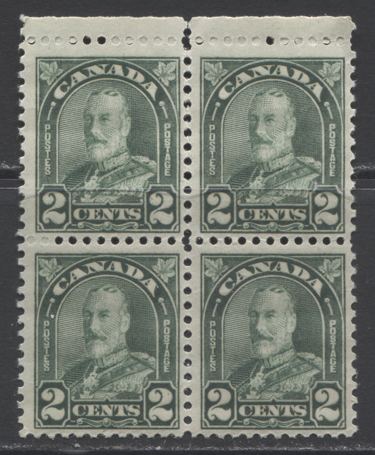 Lot 199 Canada #161var 2c Dull Green King George V, 1930-1931 Arch/Leaf Issue, A FNH Upper Block Of 4 With A Dot In Right 2, Plate & Position Unknown