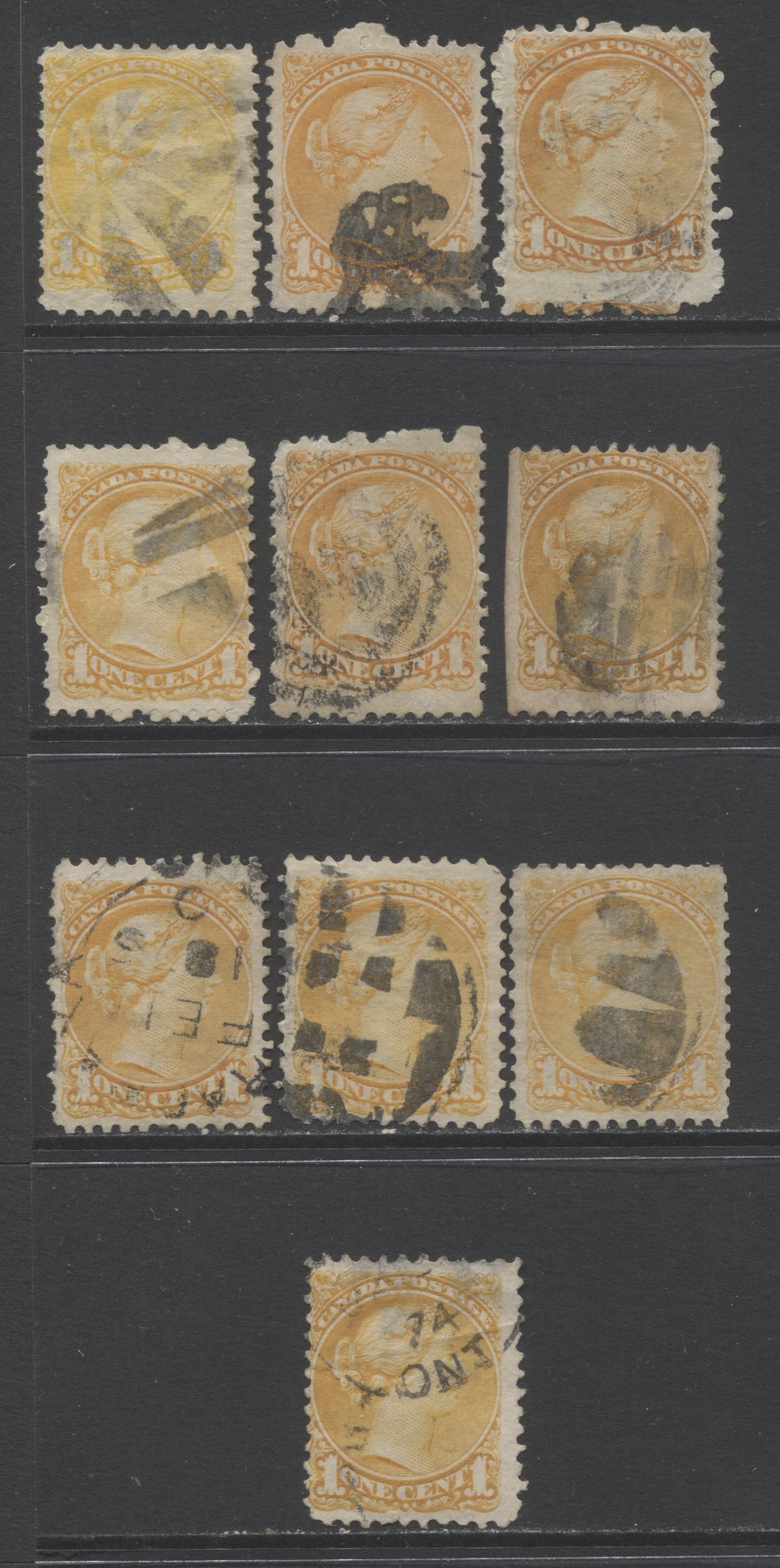 Lot 200 Canada #35d,iii,vii 1c Yellow, Lemon Yellow & Orange Queen Victoria, 1870-1893 Small Queen Issue, An Ungraded Study Lot Of 10 Used Singles Perfs 11.5 x 12 & 11.75 x 12