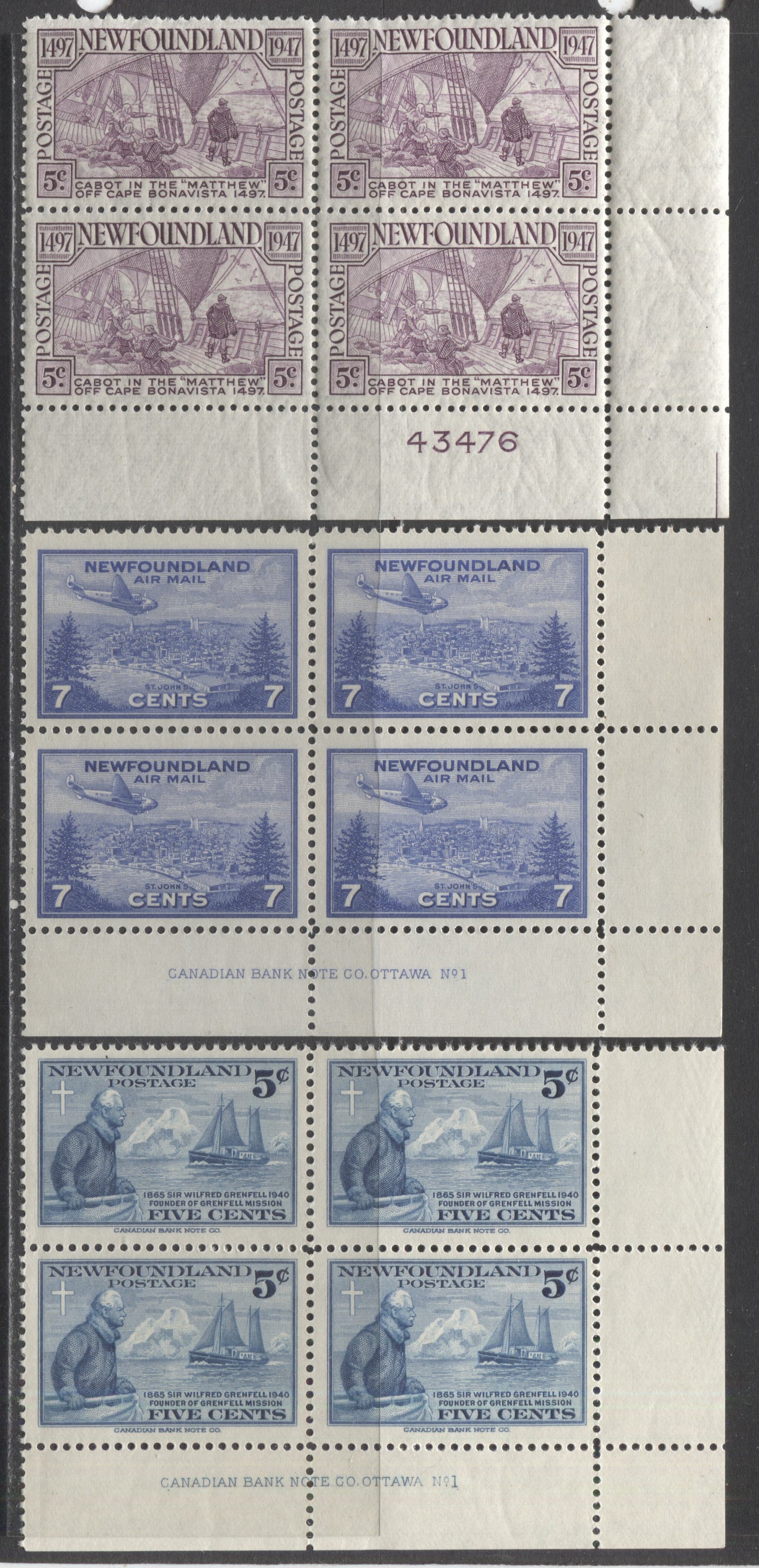 Lot 200 Newfoundland #252, 270, C19 5c & 7c Dull Blue, Rose Violet & Bright Ultramarine Grenfell, Cabot On The Matthew & View Of St. Johns, 1941-1947 Commemorative & Airmail Issues, 3 F/VFNH & LH LR Plate Blocks Of 4