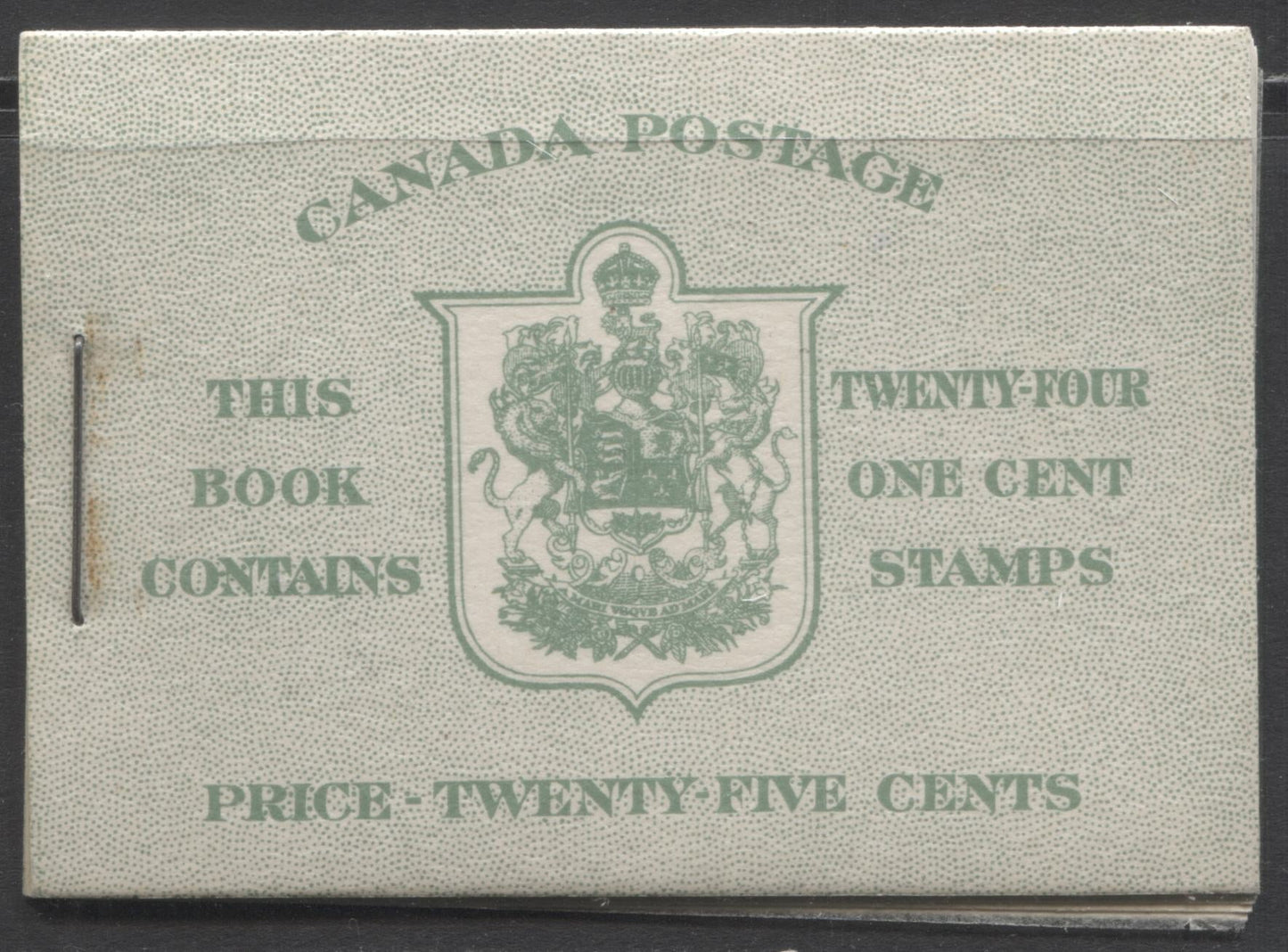 Lot 200 Canada #BK28c 1937-1942 Mufti Issue, Complete 25¢ English Booklet, Rate Page Showing 6¢ Airmail Rate, 17 mm Staple, Vertical Wove Paper, Type 2 Covers, Harris Back Cover Type A, Front Cover Type IIb