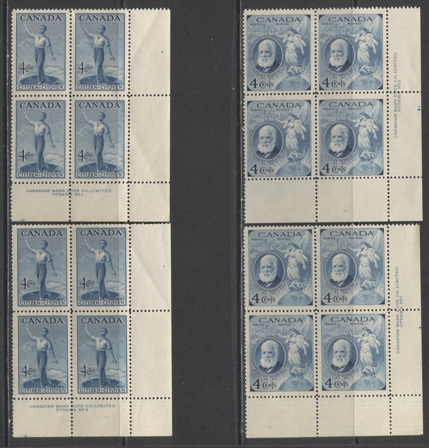 Lot 2 Canada #274-277, 282-283 4c Deep Blue - Purple Alexander Graham Bell - Founding Of Halifax, 1947-1949 Commemorative Issues, 12 VFNH LR Plates 1-2 Blocks Of 4