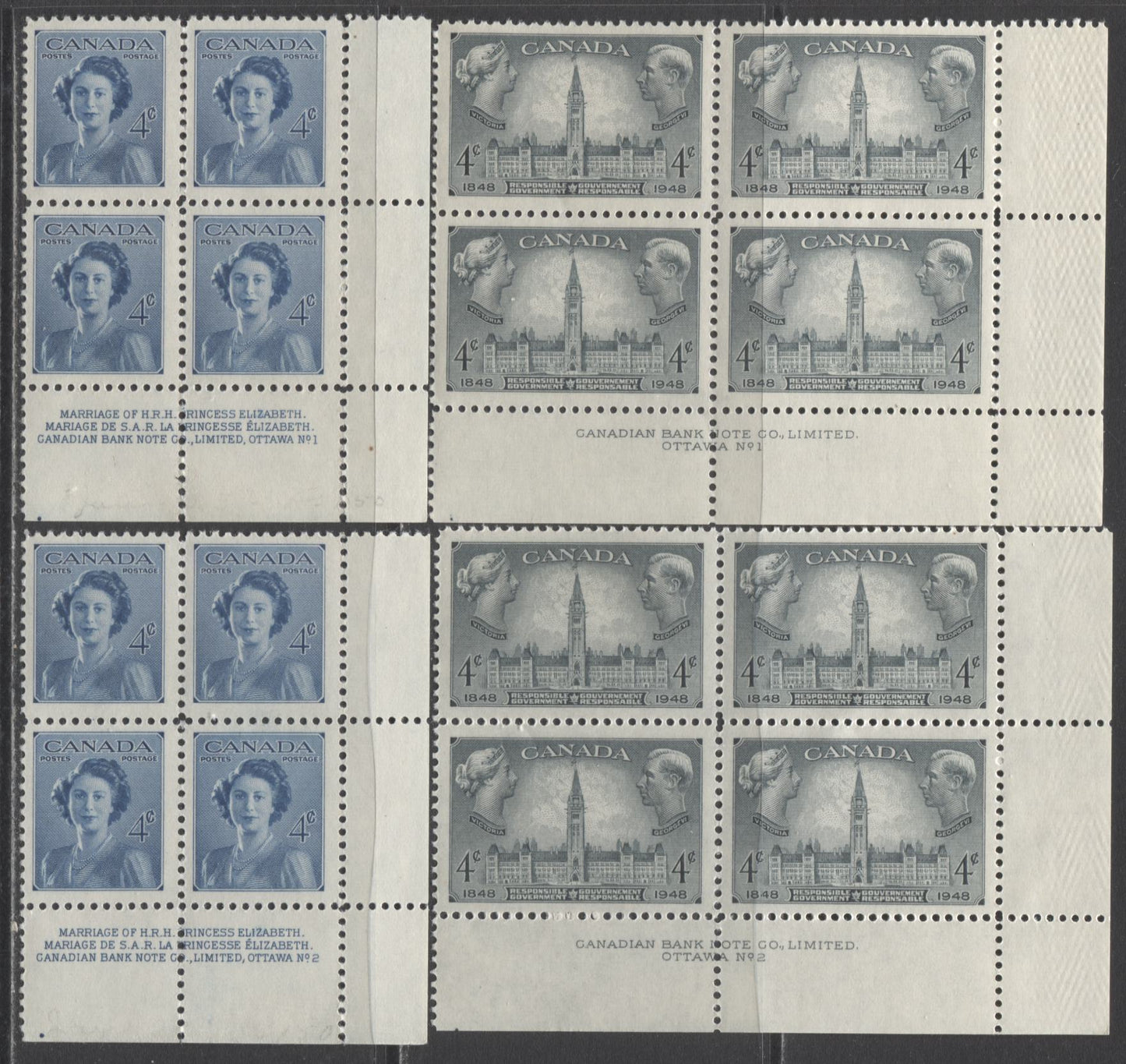 Lot 2 Canada #274-277, 282-283 4c Deep Blue - Purple Alexander Graham Bell - Founding Of Halifax, 1947-1949 Commemorative Issues, 12 VFNH LR Plates 1-2 Blocks Of 4