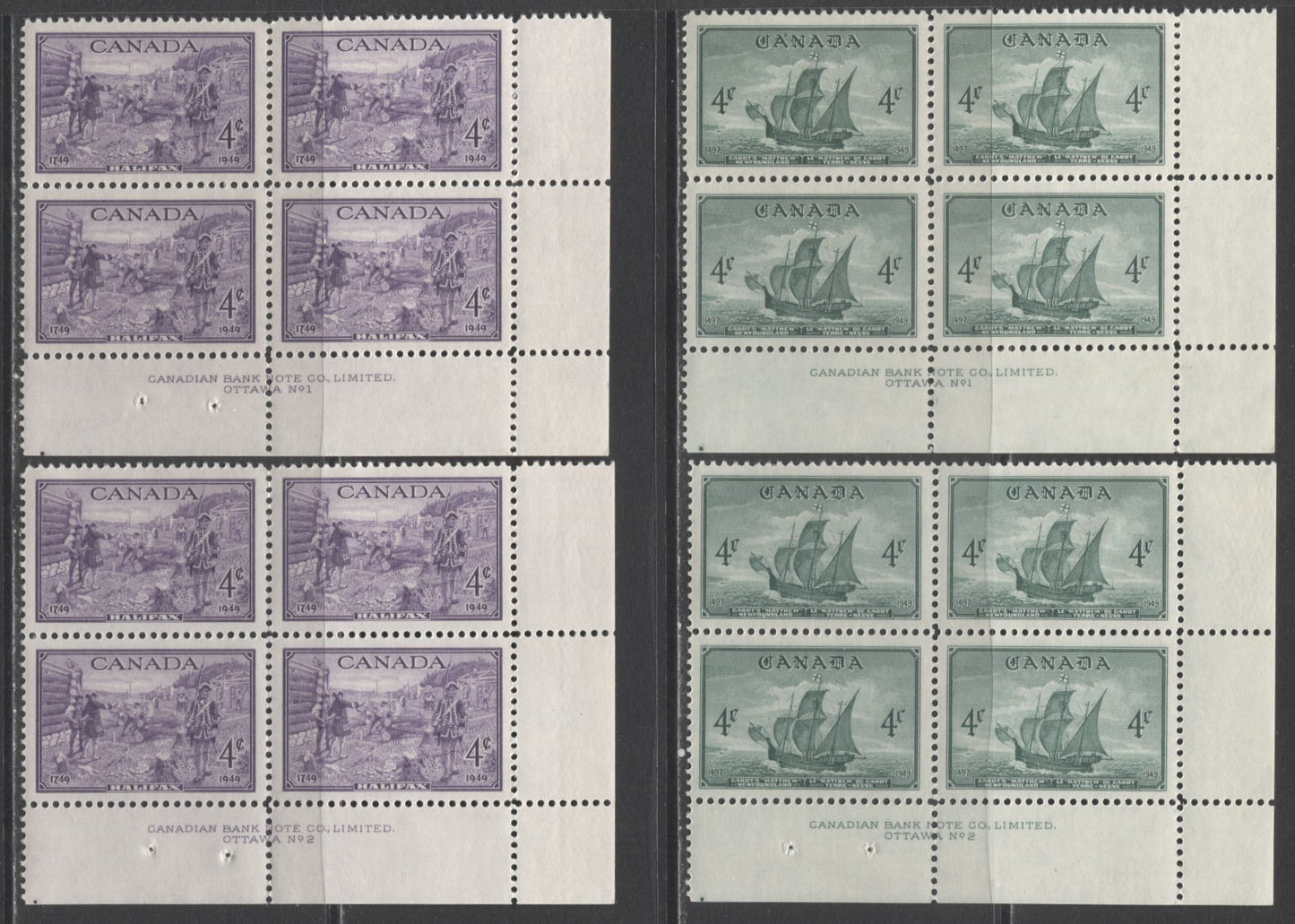 Lot 2 Canada #274-277, 282-283 4c Deep Blue - Purple Alexander Graham Bell - Founding Of Halifax, 1947-1949 Commemorative Issues, 12 VFNH LR Plates 1-2 Blocks Of 4