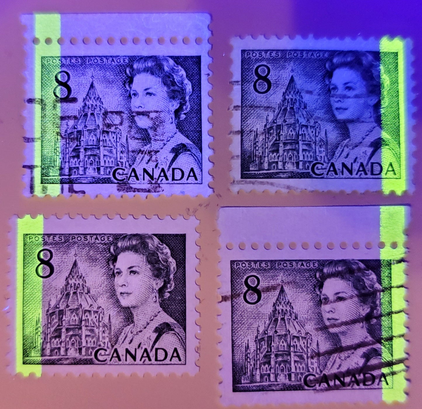 Lot 201 Canada #544piv 8c Slate Queen Elizabeth II, 1967-1973 Centennial Issue, Four Fine Used GT2 OP2 Tagged Singles On HF & LF Smooth & Ribbed Papers With PVA Gums, G2aL & G2aR Tagging Errors