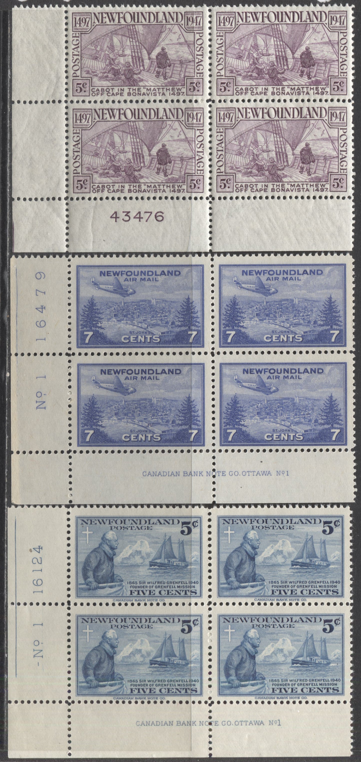 Lot 201 Newfoundland #252, 270, C19 5c & 7c Dull Blue, Rose Violet & Bright Ultramarine Grenfell, Cabot On The Matthew & View Of St. Johns, 1941-1947 Commemorative & Airmail Issues, 3 F/VFNH & LH LL Plate 1 Blocks Of 4