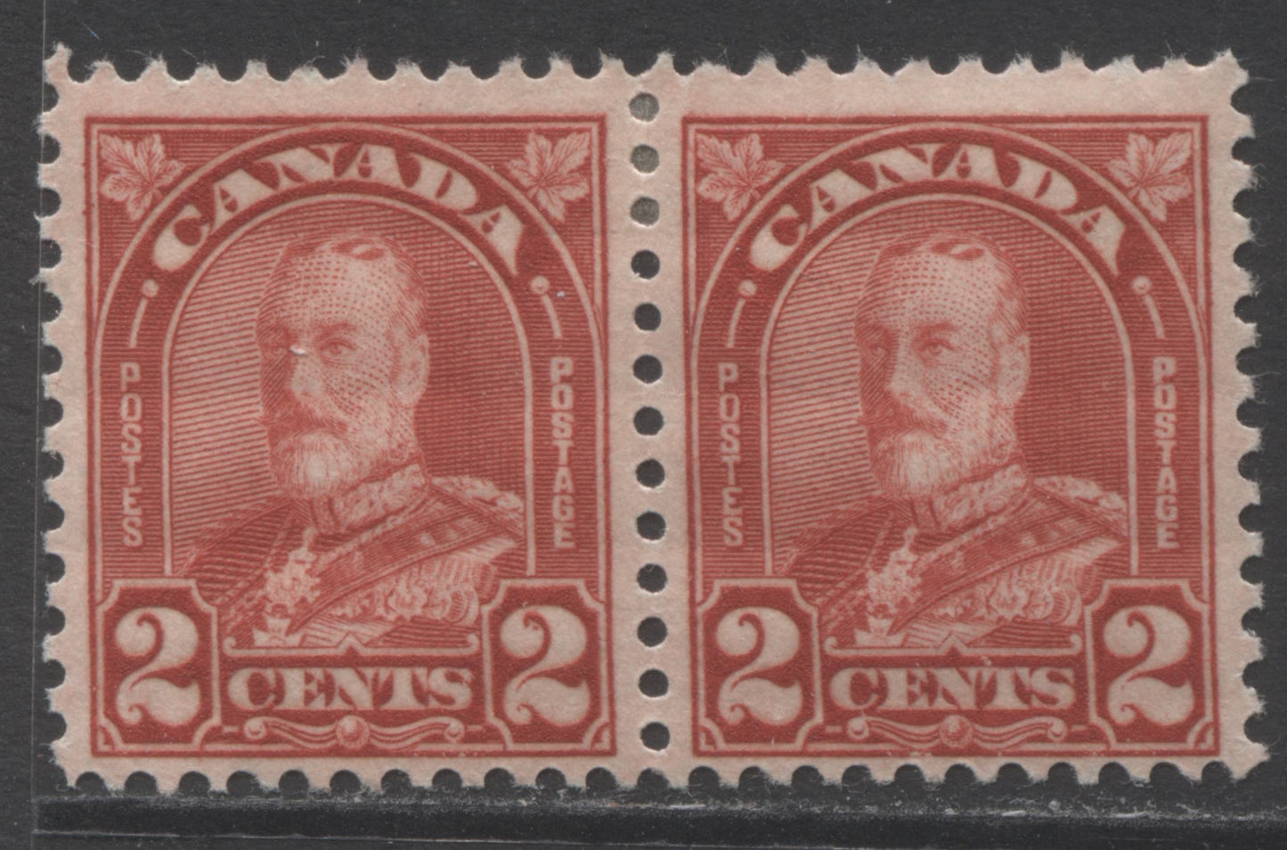 Lot 201 Canada #165avar 2c Deep Red King George V, 1930-1931 Arch/Leaf Issue, A VFOG Pair With A Dot & Flaw In Right 2, Pl 6 LL Pos 16