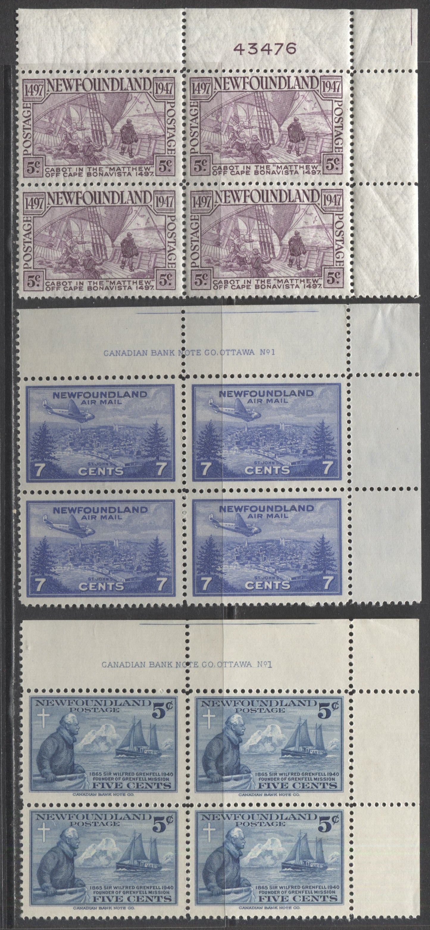 Lot 202 Newfoundland #252, 270, C19 5c & 7c Dull Blue, Rose Violet & Bright Ultramarine Grenfell, Cabot On The Matthew & View Of St. Johns, 1941-1947 Commemorative & Airmail Issues, 3 F/VFNH & LH UR Plate 1 Blocks Of 4
