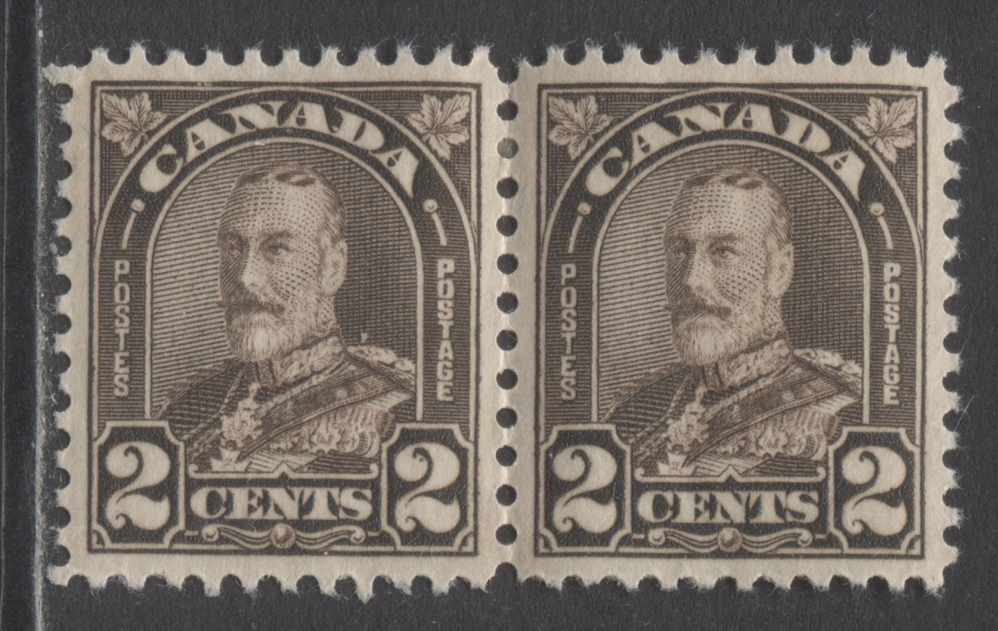 Lot 202 Canada #166bvar 2c Dark Brown King George V, 1930-1931 Arch/Leaf Issue, A VFOG Pair With A Dot & Flaw In Right 2, Pl 6 LL Pos 16