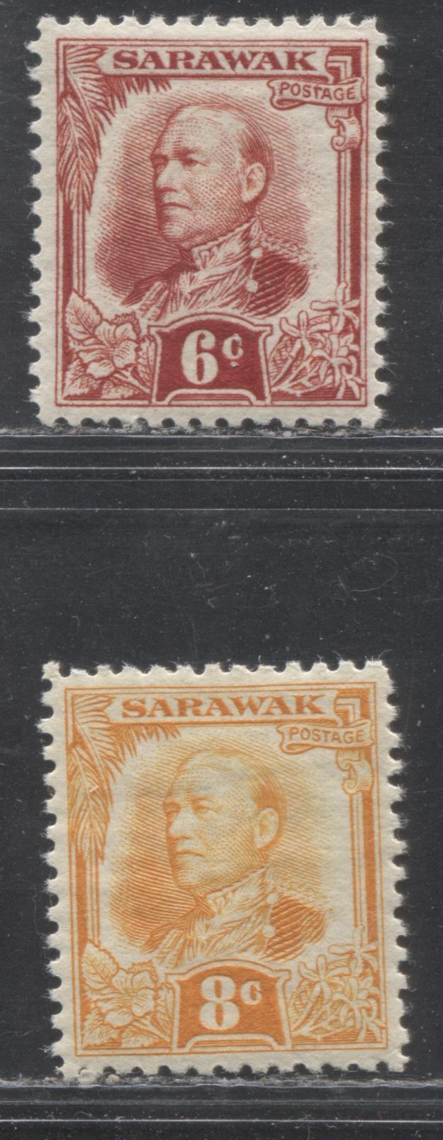 Lot 203 Sarawak SG#96-97 6c-8c Carmine Red & Yellow Orange Sir Charles Vyner Brooke, 1932 Bradbury Winkinson Definitive Issue, 2 VFNH Singles