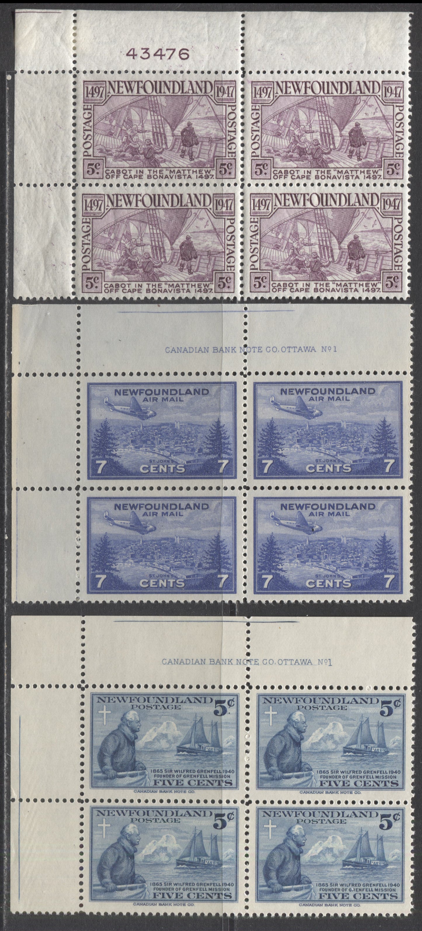 Lot 203 Newfoundland #252, 270, C19 5c & 7c Dull Blue, Rose Violet & Bright Ultramarine Grenfell, Cabot On The Matthew & View Of St. Johns, 1941-1947 Commemorative & Airmail Issues, 3 VFNH & LH UL Plate 1 Blocks Of 4