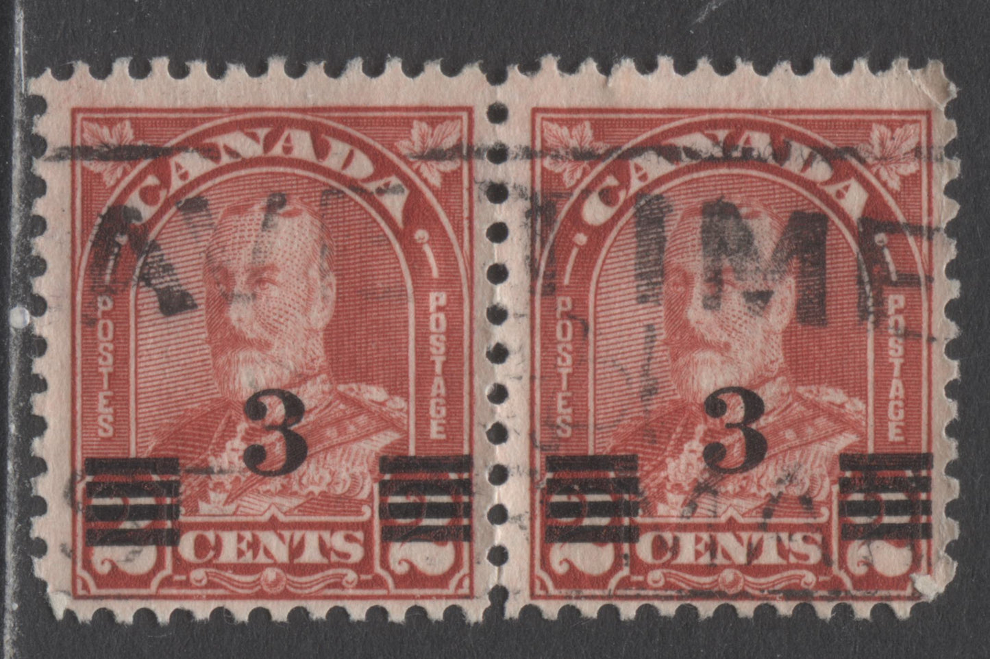 Lot 203 Canada #191avar 3c On 2c Deep Red King George V, 1932 Arch/Leaf Provisional Issue, A Fine Used Single in Pair With A Dot & Flaw In Right 2, Pl 6 LL Pos 16