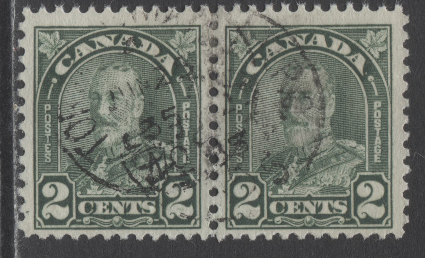 Lot 204 Canada #164var 2c Dull Green King George V, 1930-1931 Arch/Leaf Issue, A Fine Used Pair With Strokes In Right 2, Pl 3 UR Pos 1