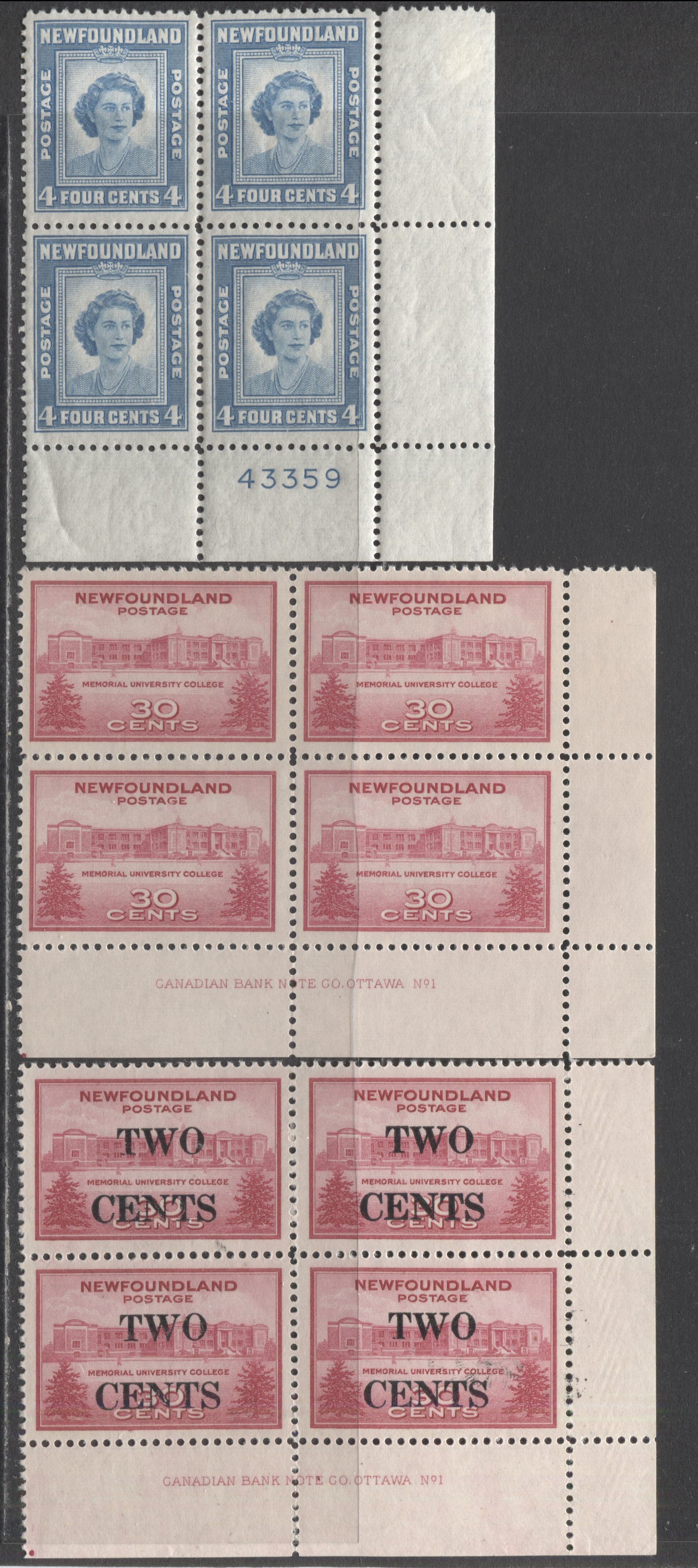 Lot 204 Newfoundland #267-269 2c On 30c, 30c & 4c Carmine & Light Blue Memorial University & Princess Elizabeth, 1943-1947 University, Surcharge & Birthday Issues, 3 VFNH LR Plate 1 Blocks Of 4