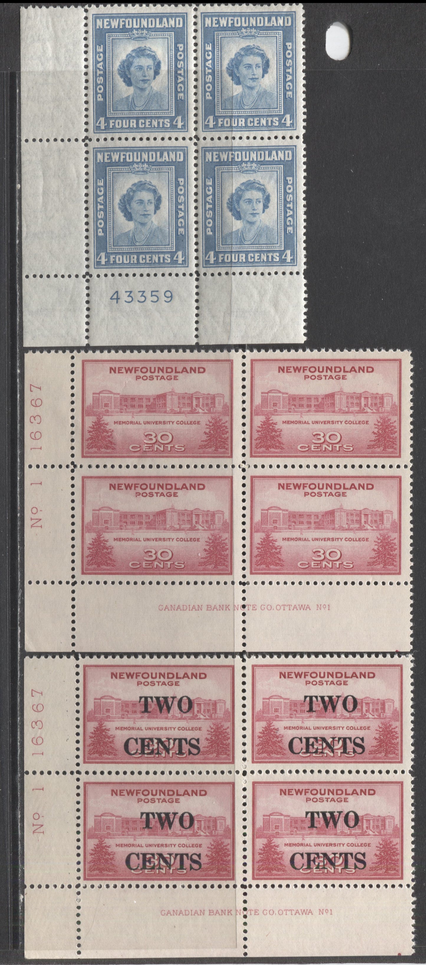 Lot 205 Newfoundland #267-269 2c On 30c, 30c & 4c Carmine & Light Blue Memorial University & Princess Elizabeth, 1943-1947 University, Surcharge & Birthday Issues, 3 F/VFNH LL Plate 1 Blocks Of 4