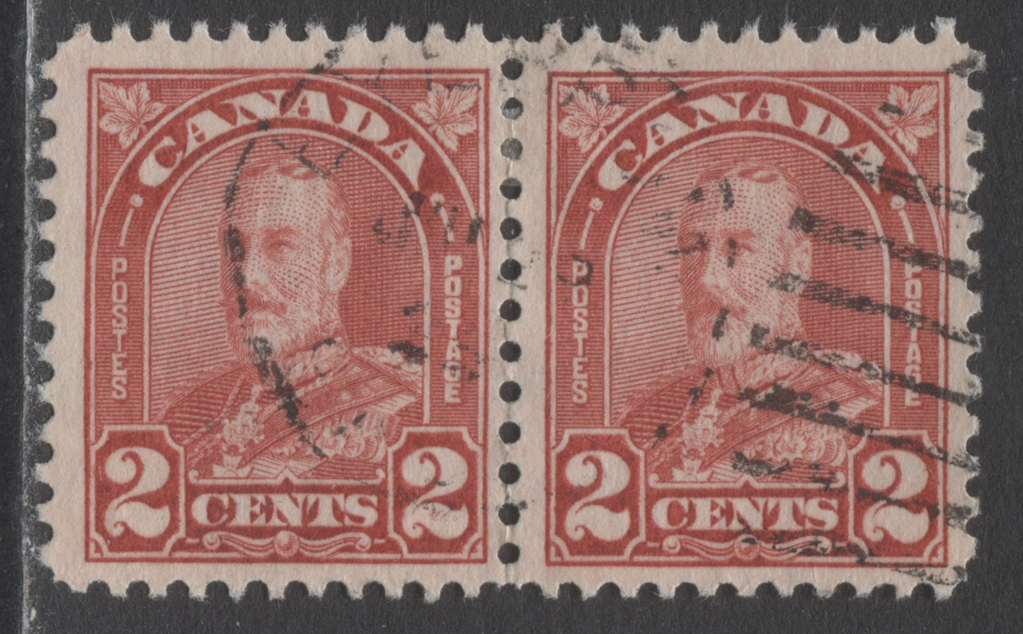 Lot 205 Canada #165a 2c Deep Red King George V, 1930-1931 Arch/Leaf Issue, A Fine Used Pair With Strokes In Right 2, Pl 3 UR Pos 1, Die 1