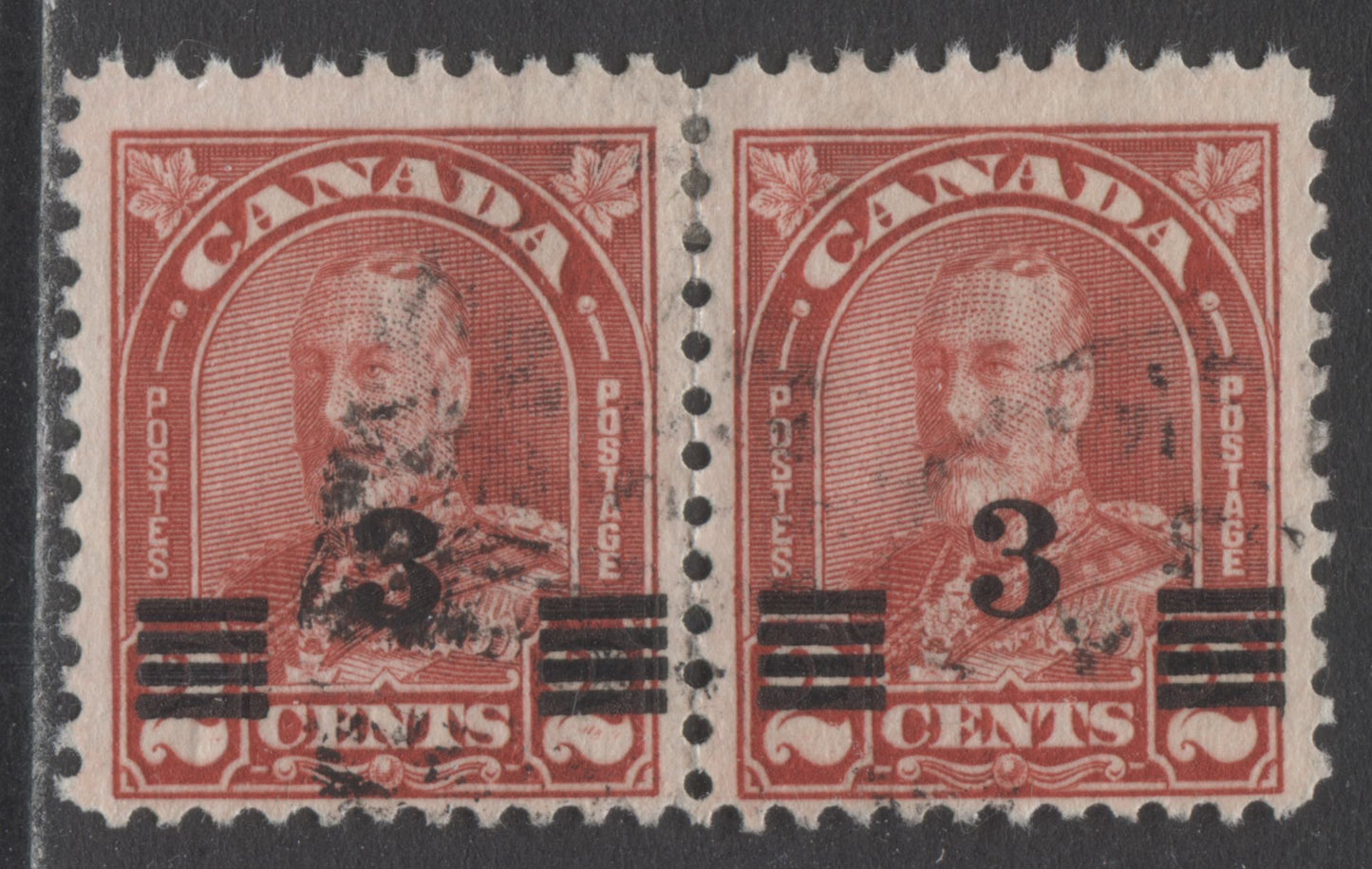 Lot 206 Canada #191avar 3c On 2c Deep Red King George V, 1932 Arch/Leaf Provisional Issue, A Fine Used Pair With Strokes In Right 2, Pl 3 UR Pos 1, Die 1