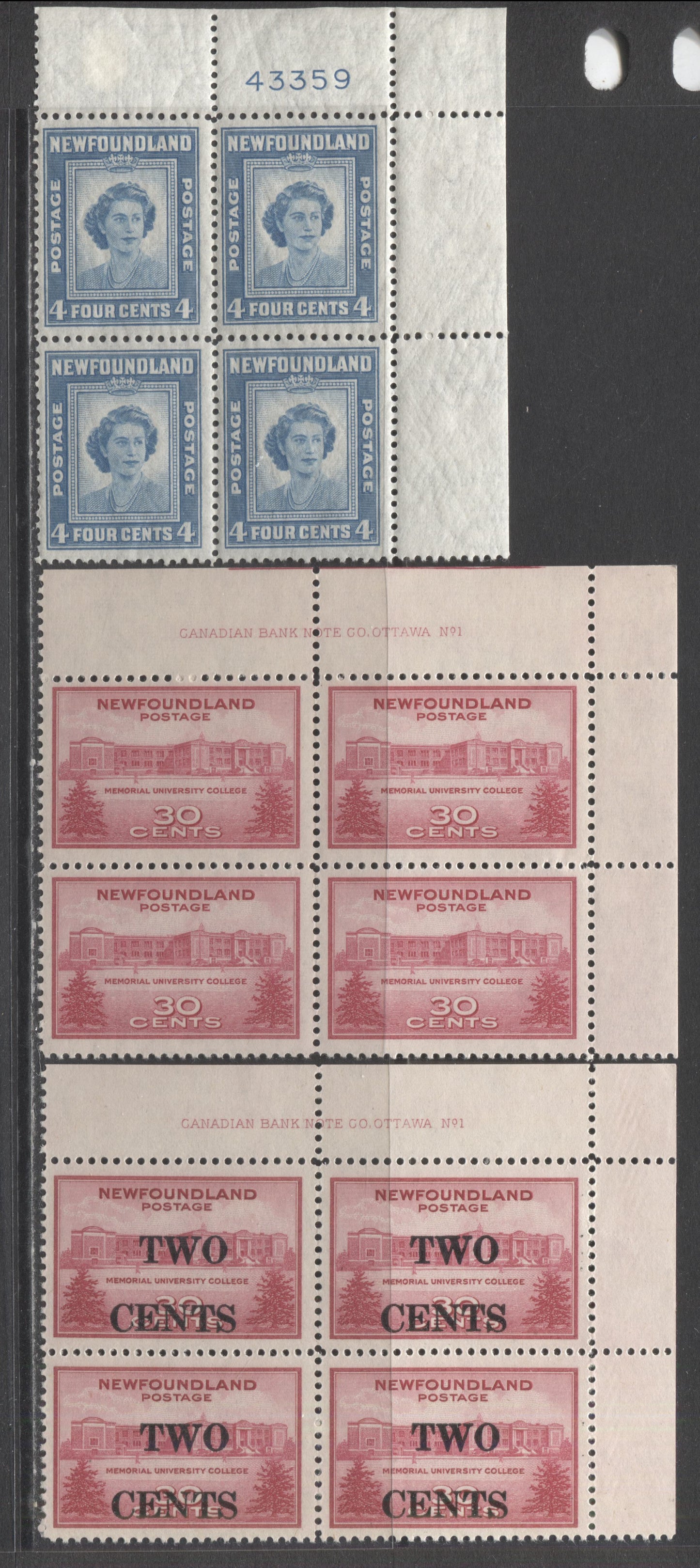 Lot 206 Newfoundland #267-269 2c On 30c, 30c & 4c Carmine & Light Blue Memorial University & Princess Elizabeth, 1943-1947 University, Surcharge & Birthday Issues, 3 F/VFNH UR Plate 1 Blocks Of 4