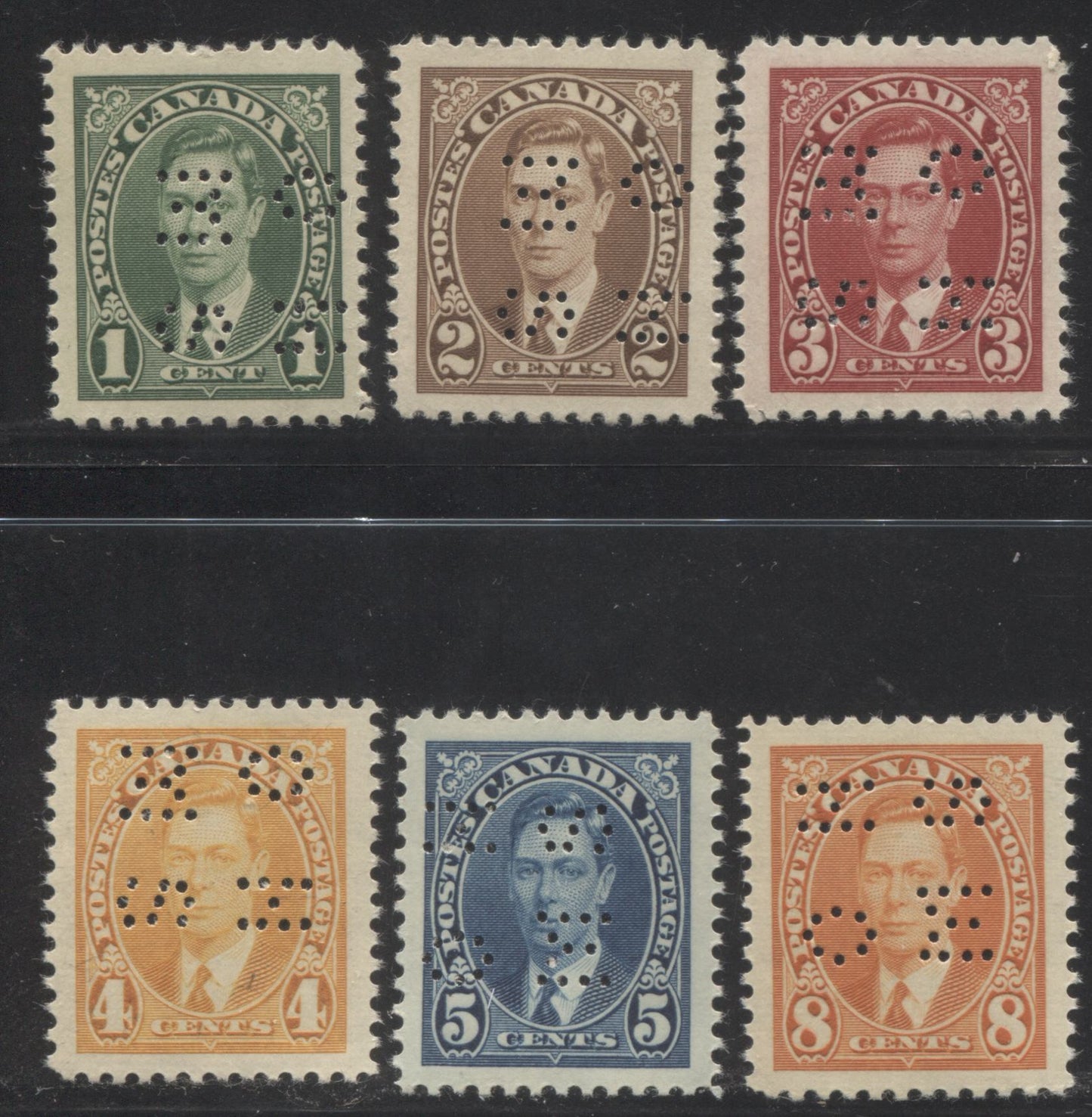 Lot 207 Canada #O9-231 - O9-236 1c-8c Green - Orange King George VI, 1937 Mufti Issue 4-Hole OHMS Perfins, Positions E and , 6 VFNH Singles